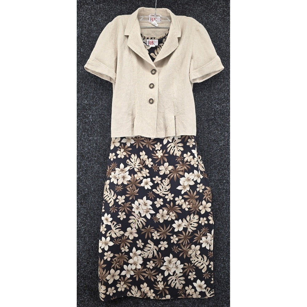 Vtg‎ R&K Originals Women's 8 Shift Dress Maxi w/Linen Jacket Black Beige Floral